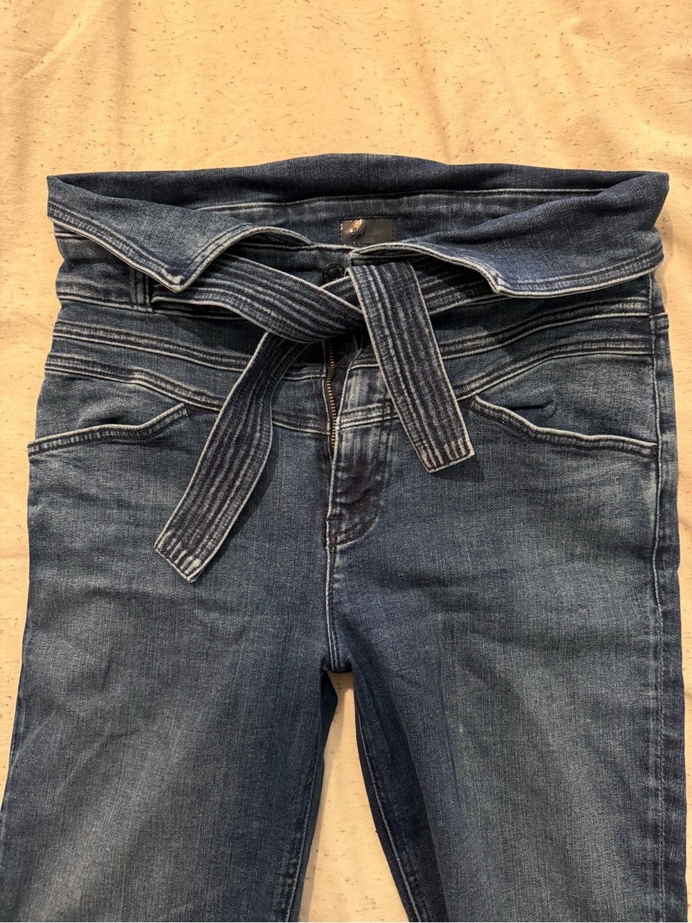 MOTHER Mid-Rise Tie-Waist Cropped Blue Denim Jeans